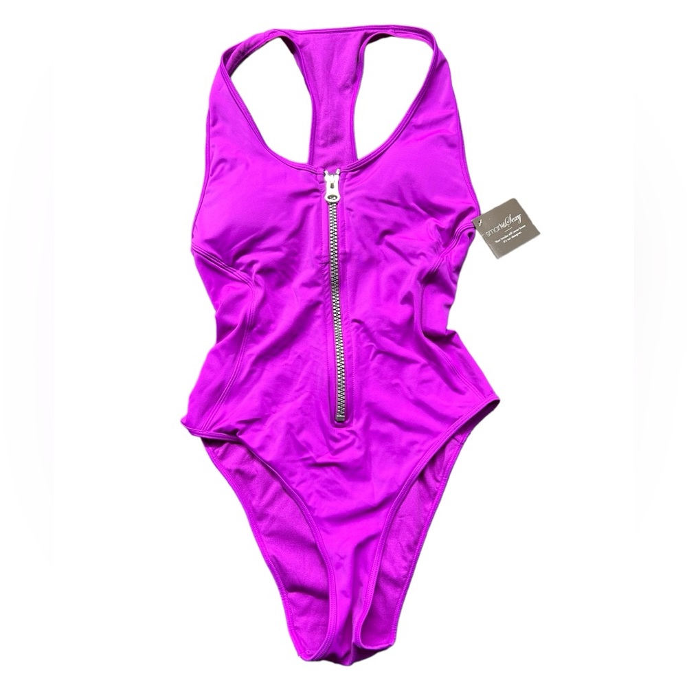 SMART & SEXY fierce violet zip front 1 piece high cut sides swimsuit SA1296 NWT - Picture 2 of 4